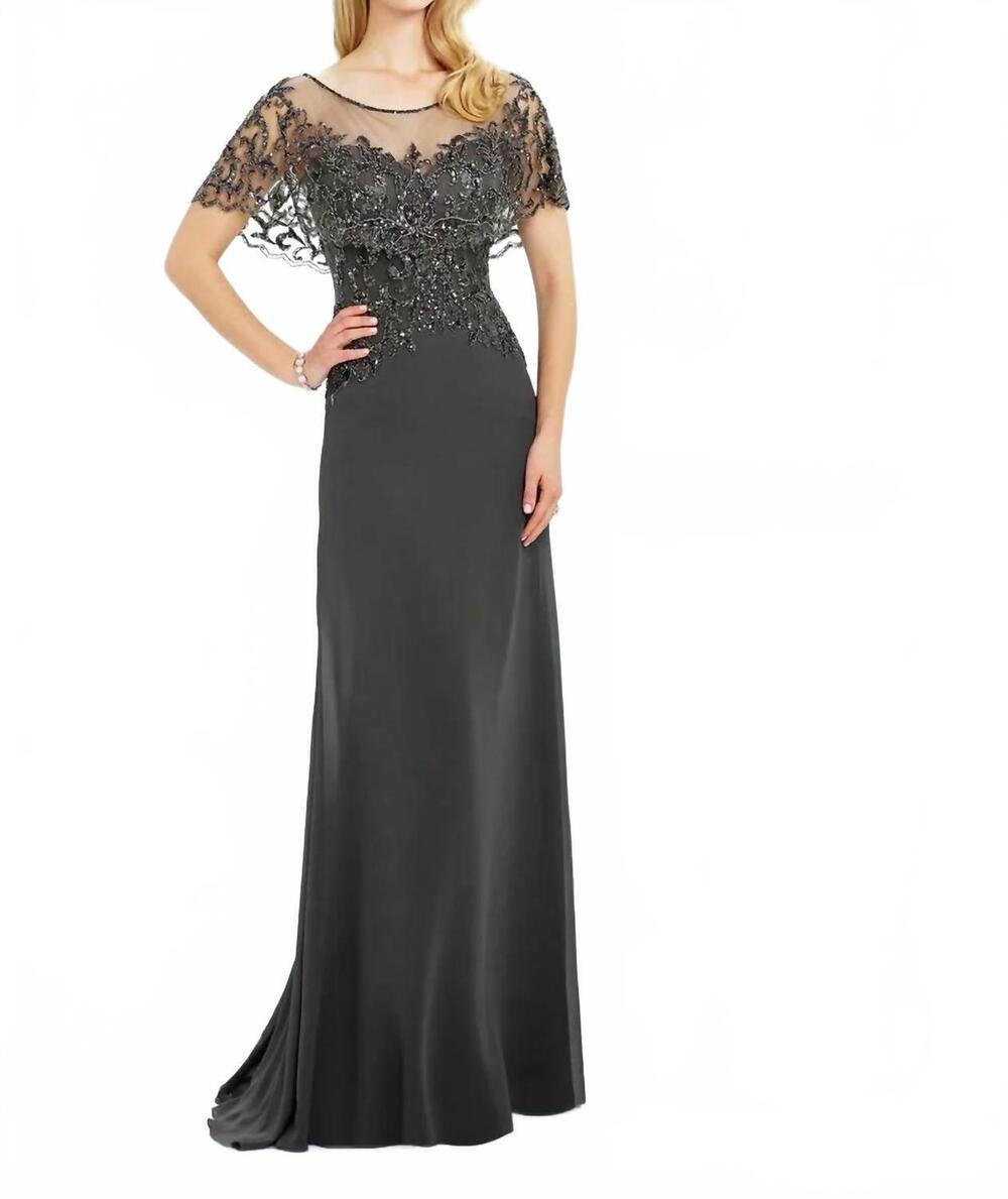NEW MONTAGE BY MON CHERI chiffon slim a-line gown in dark grey